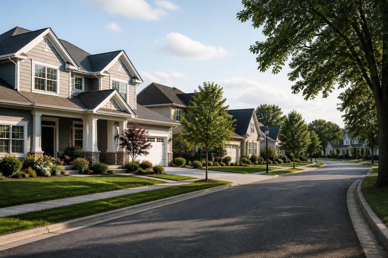 Well-kept homes and open lawns along a quiet neighborhood road.