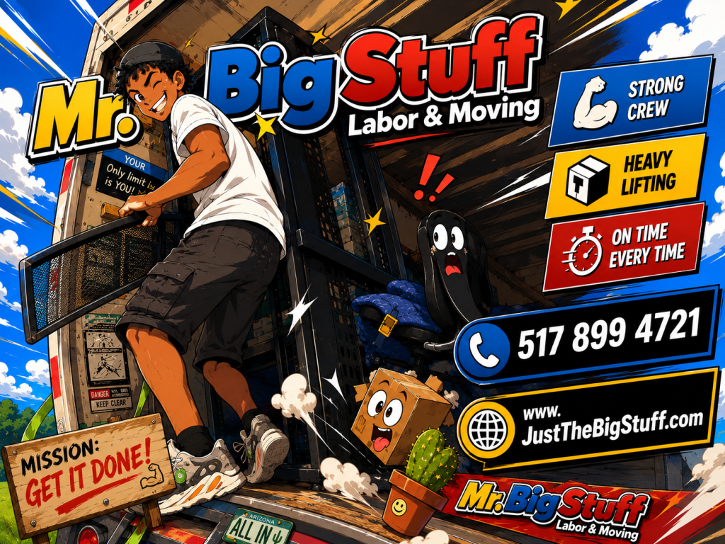 Mr. BigStuff illustrated team moving a grandfather clock